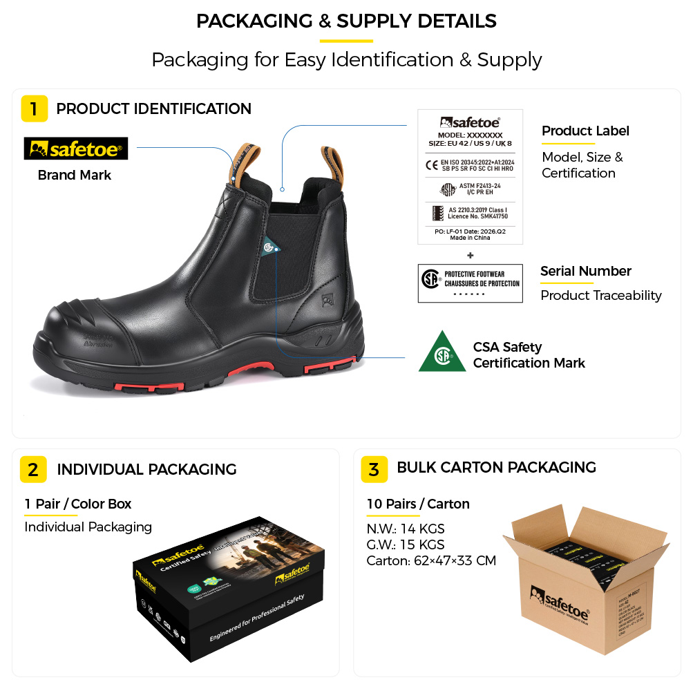 M-8025NBK Metal-Free Safety Boots Packaging M-8025NBK Embalagem de botas de segurança sem metal com certificação CSA