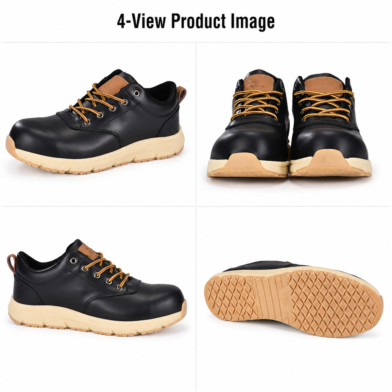 Composite Toe Safety Shoes 4-View Image Imagem do produto em quatro visualizações de calçados de segurança com biqueira composta de couro preto e sola antiderrapante
