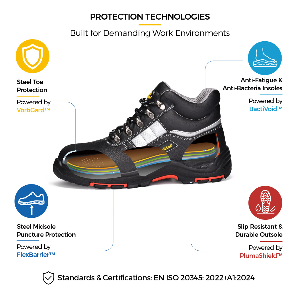 M-8027PRST Industrial Safety Shoe Construction Details M-8027PRST Sapatos de segurança industrial premium com biqueira de aço e sola de borracha/PU resistente ao calor