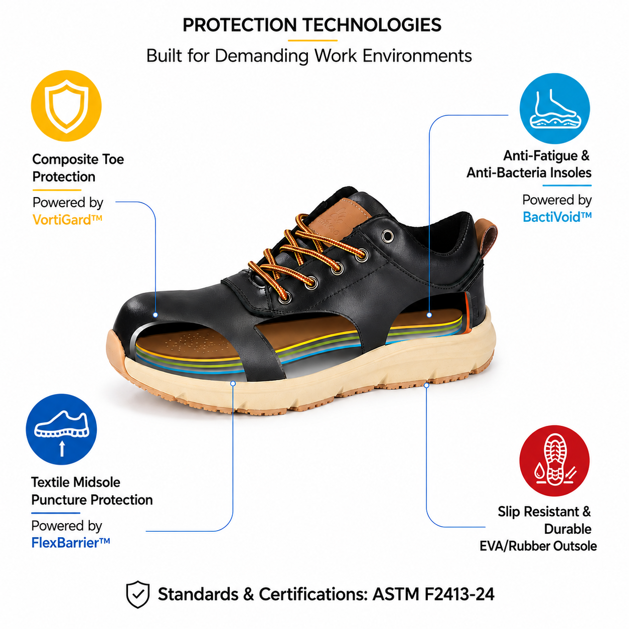 Safety Shoe Protection Technologies Overview Tecnologias de proteção de calçados de segurança de couro preto com biqueira composta, entressola têxtil, palmilhas antifadiga e sola de borracha PU