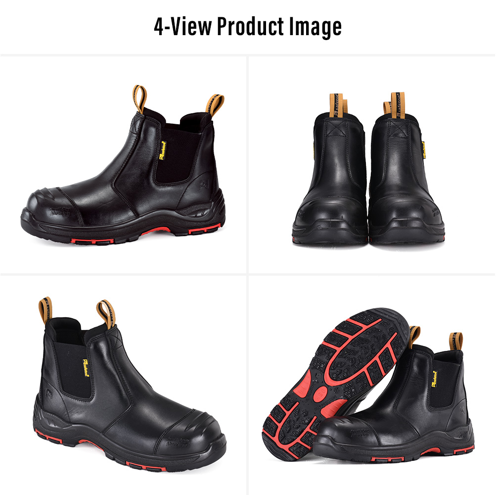 M-8025NBK Black Slip-On Work Boot Views Várias visualizações das botas de trabalho industrial de couro preto Safetoe M-8025NBK