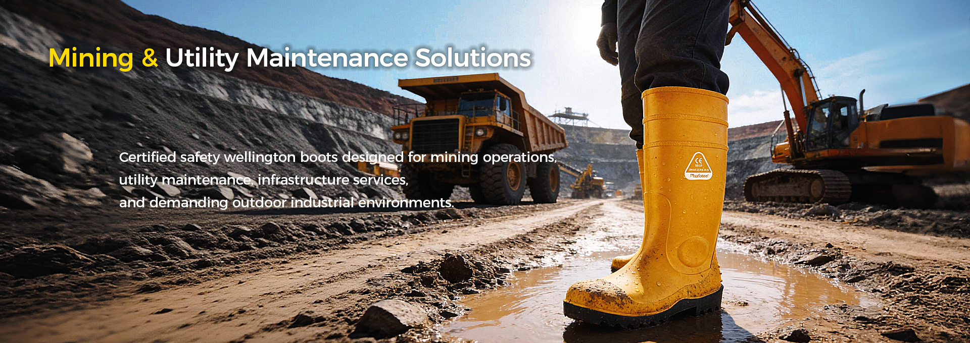 Safety Wellington Boots for Mining Operations Trabalhador de mineração usando botas Wellington de segurança em condições úmidas e difíceis
