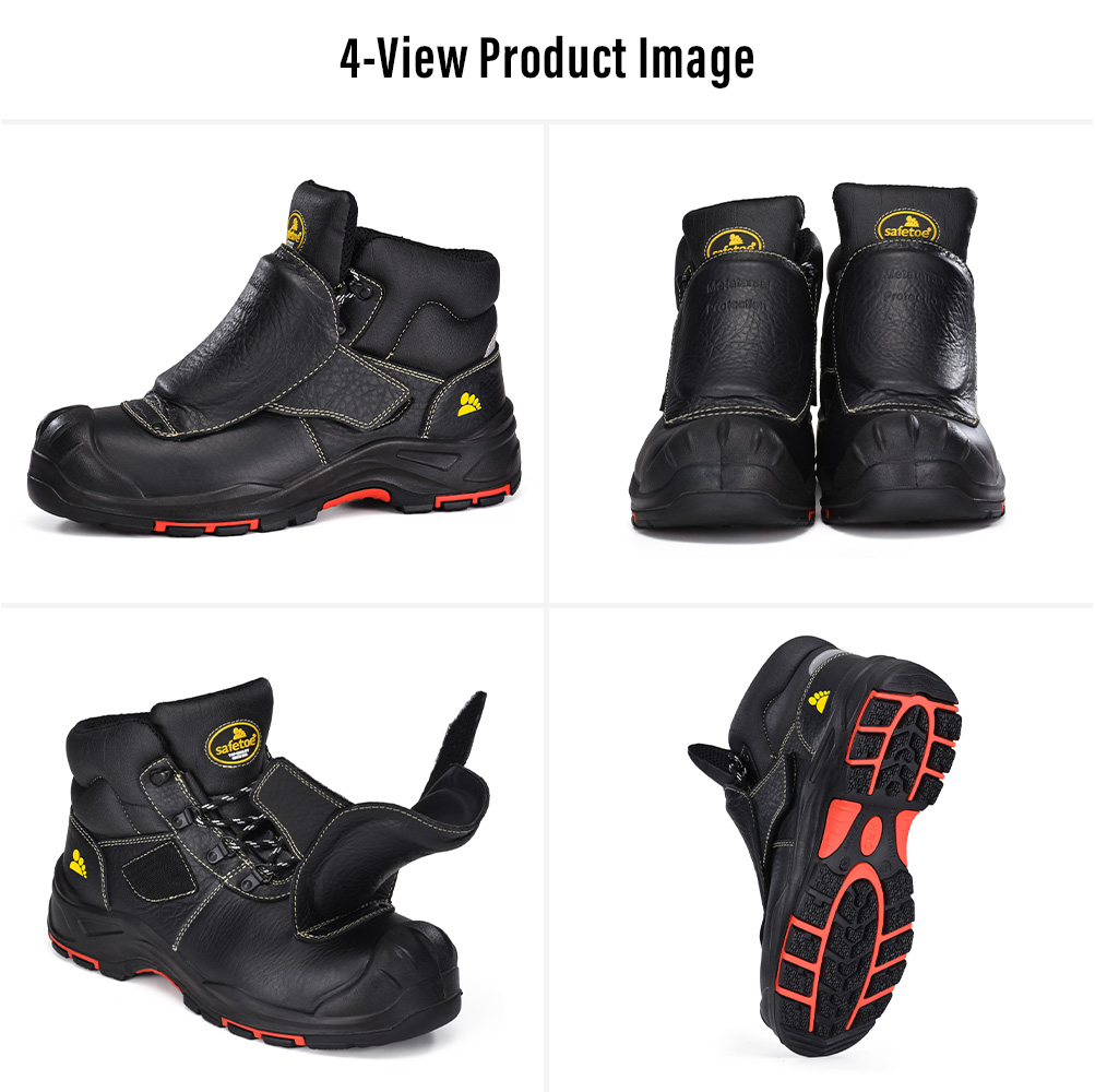M-8387MP Metatarsal Welding Safety Boots – Four Views Quatro visualizações das botas de segurança para soldagem de couro preto Safetoe M-8387MP mostrando a proteção externa do metatarso, capa protetora de soldagem e sola