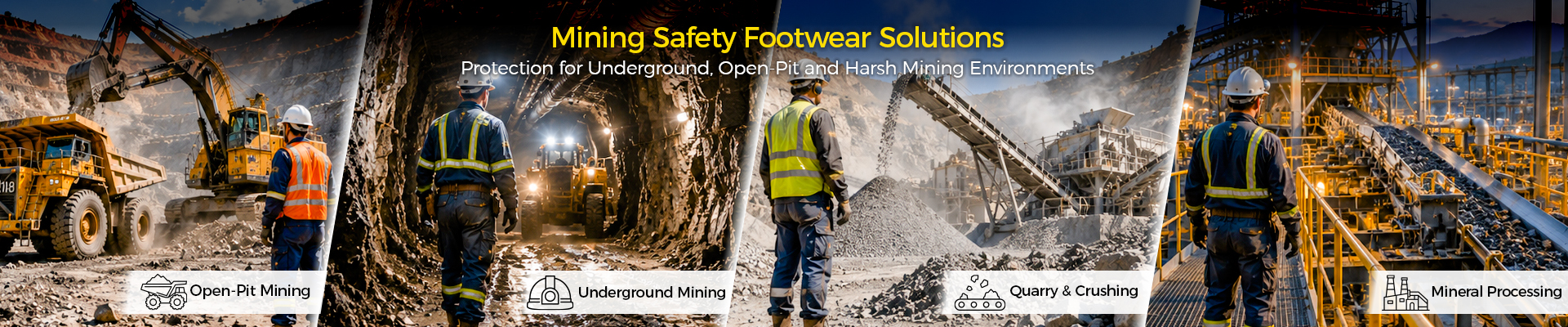 Safetoe Mining Safety Footwear Solutions for Underground and Open-Pit Operations Botas de segurança para mineração projetadas para minas subterrâneas, operações de mineração a céu aberto e ambientes de mineração agressivos