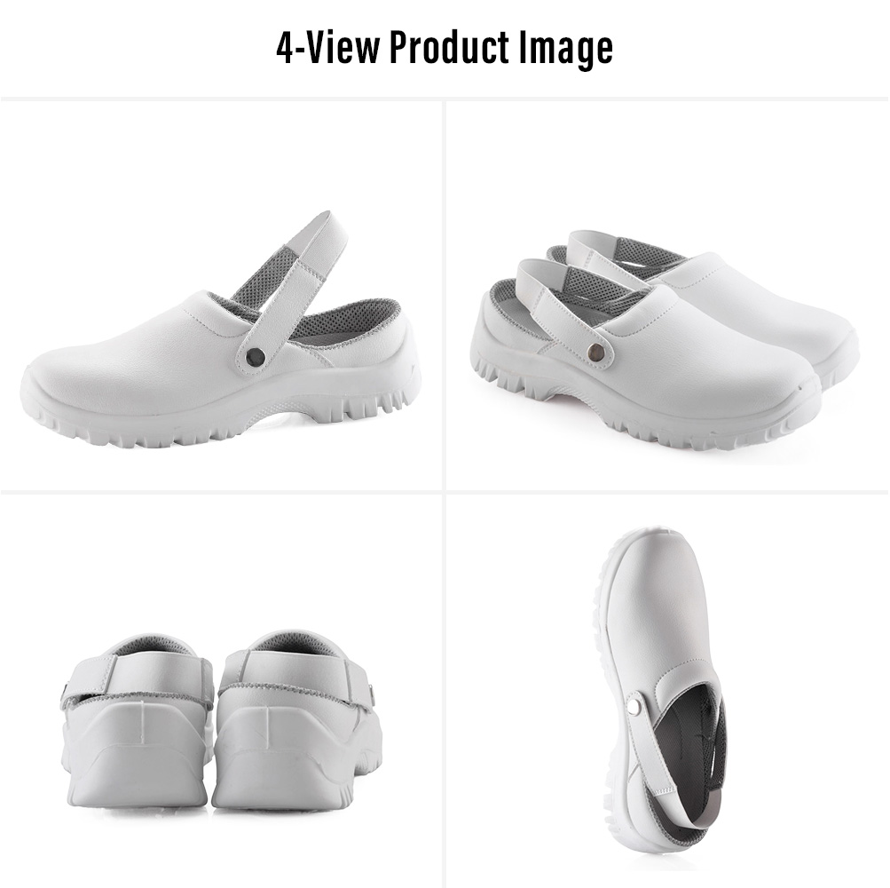 L-7096 White Steel Toe Kitchen Safety Shoes – Four Views Quatro vistas de sapatos de segurança de cozinha brancos Safetoe L-7096 com biqueira de aço com alça de salto ajustável e sola de PU antiderrapante