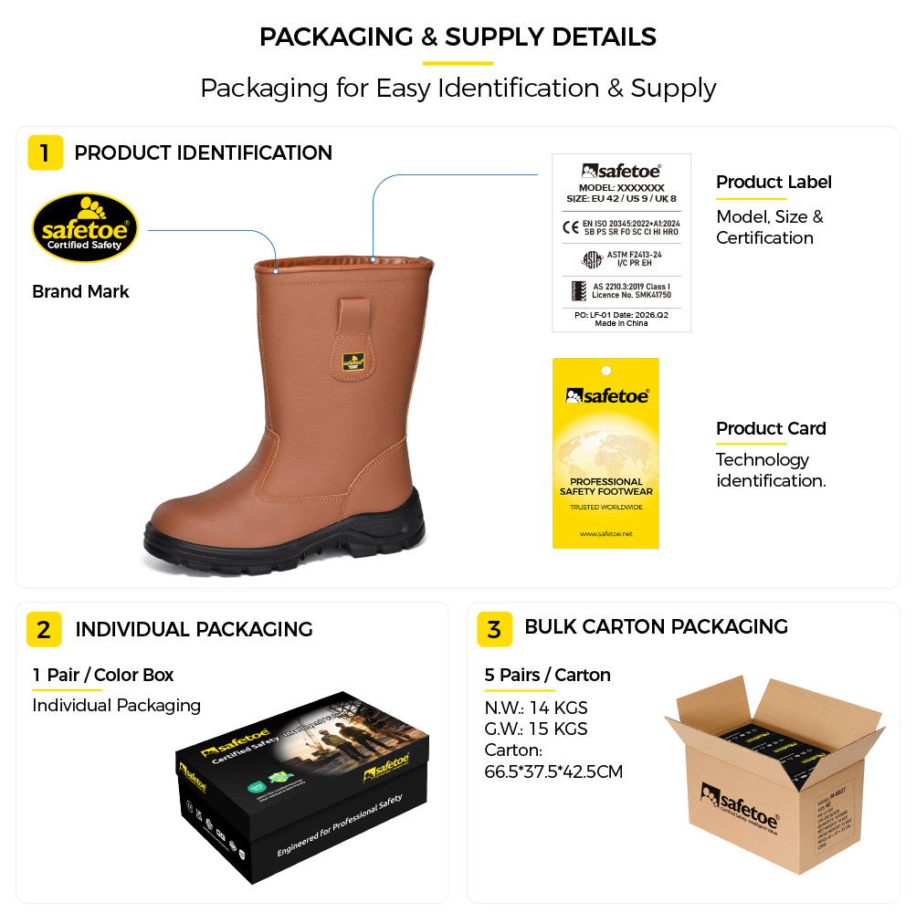 H-9430 Brown Leather Rigger Safety Boots Packaging H-9430 Embalagem de botas de segurança de biqueira de aço marrom clássico