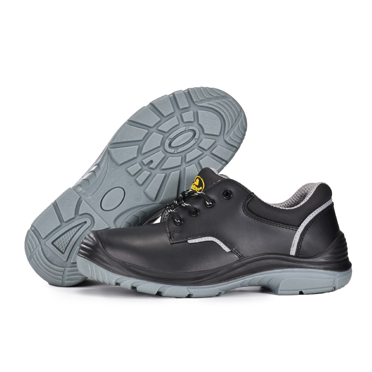 Sapatos de trabalho de couro liso S3 com biqueira de aço e placa de entressola de aço L-7163 liso