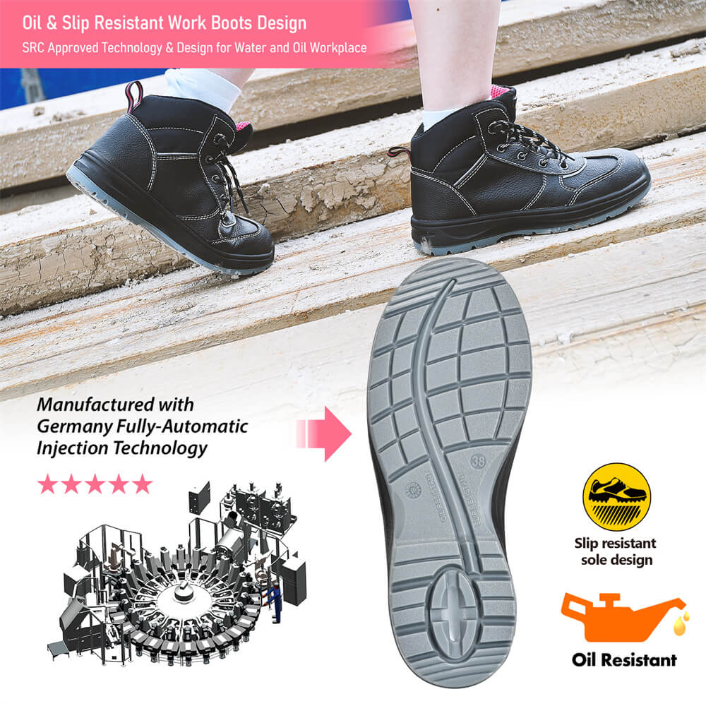 Botas de trabalho de segurança de couro preto à prova d'água para construção feminina M-8516W