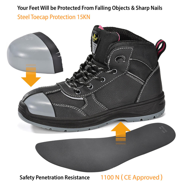 Botas de trabalho de segurança pretas de couro impermeável para construção feminina | M-8516W GraceShield