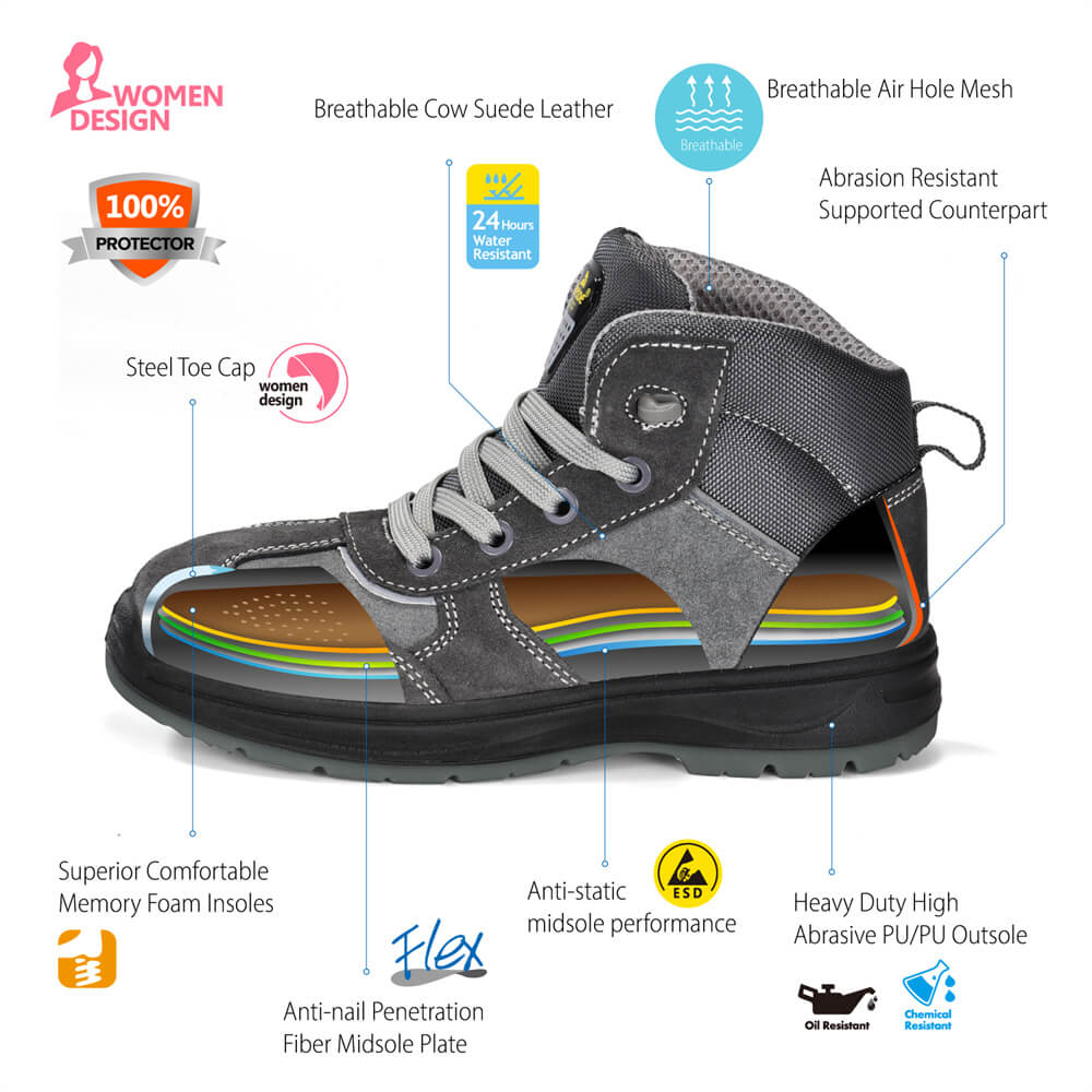 Botas femininas com biqueira de aço e melhores botas de trabalho de segurança para mulheres M-8516W camurça