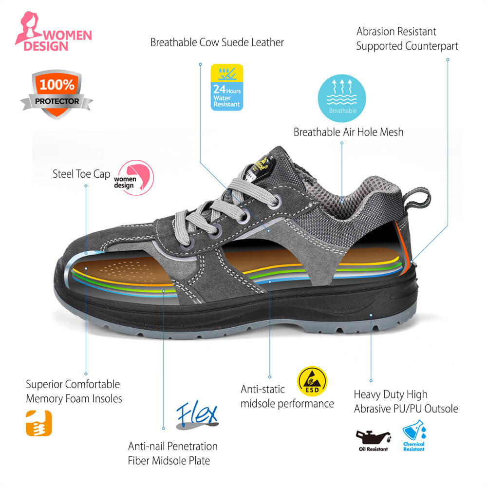 Sapatos femininos de trabalho de segurança antiderrapantes com bico de aço para mulheres L-7508W camurça