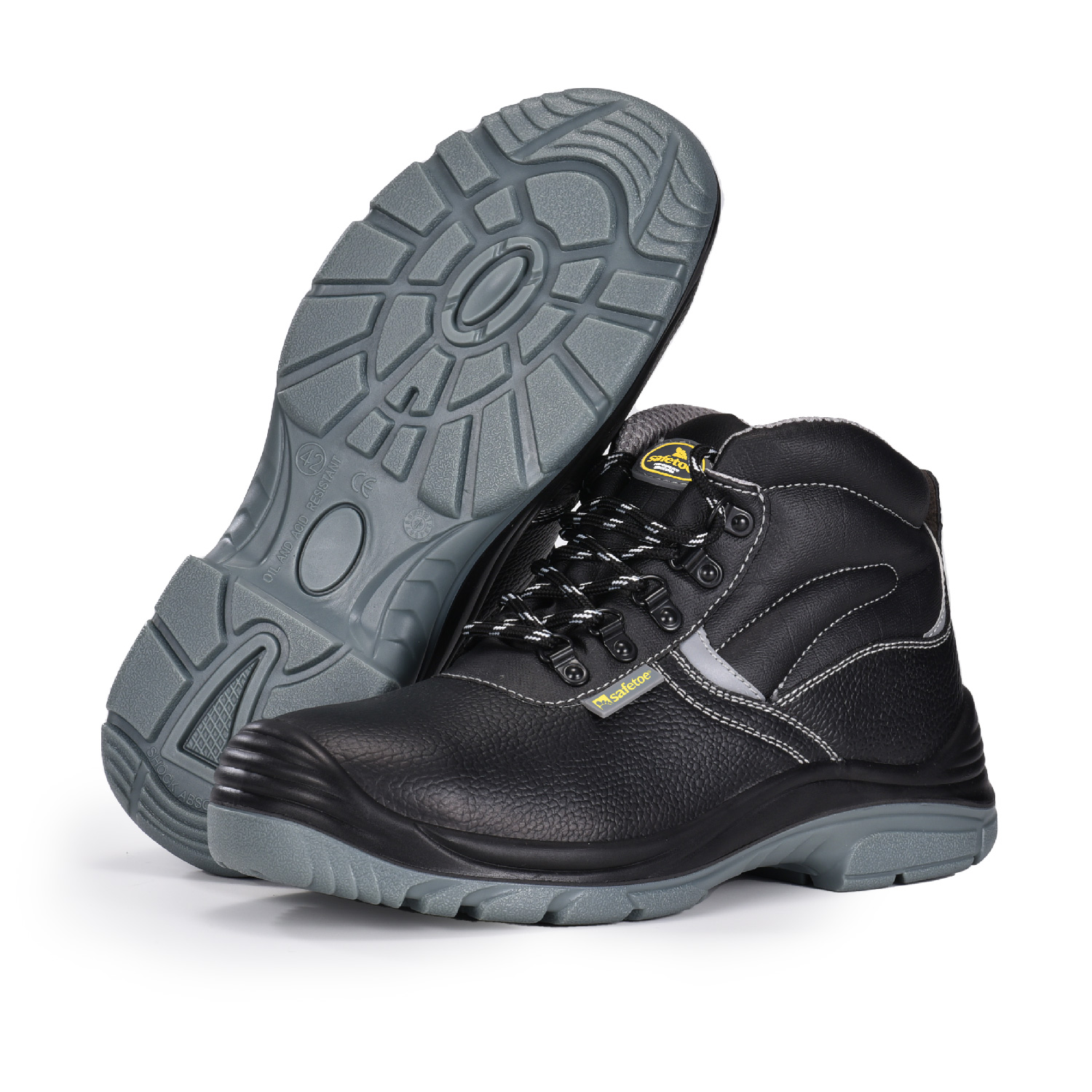 Botas de segurança com biqueira de aço resistente a óleo de couro de vaca preta para homens M-8520