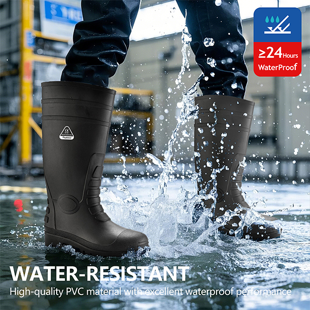 Botas de segurança S5 Wellington – Botas de trabalho impermeáveis ​​com biqueira de aço em PVC W-6038 pretas