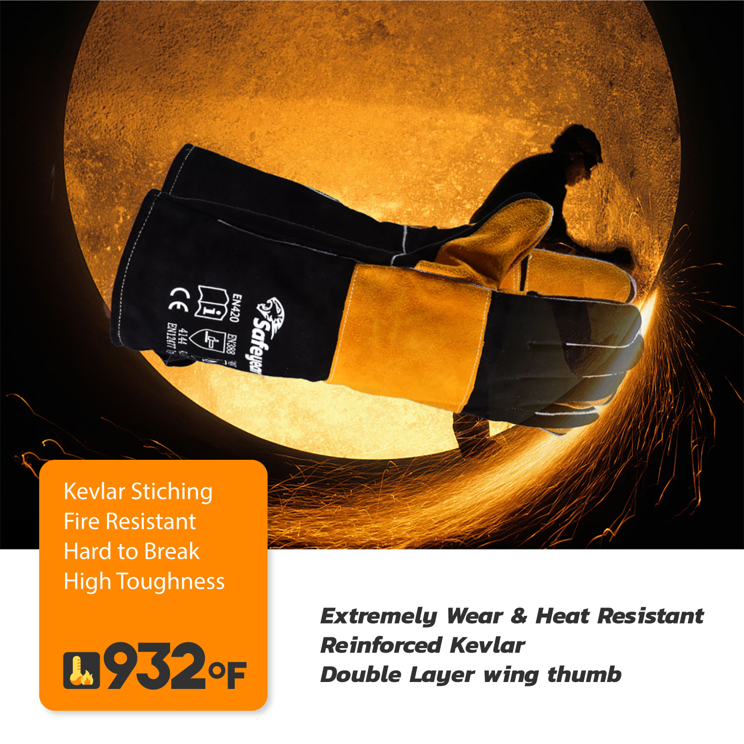 Luvas de trabalho de soldagem resistentes ao calor FL-1023 pretas