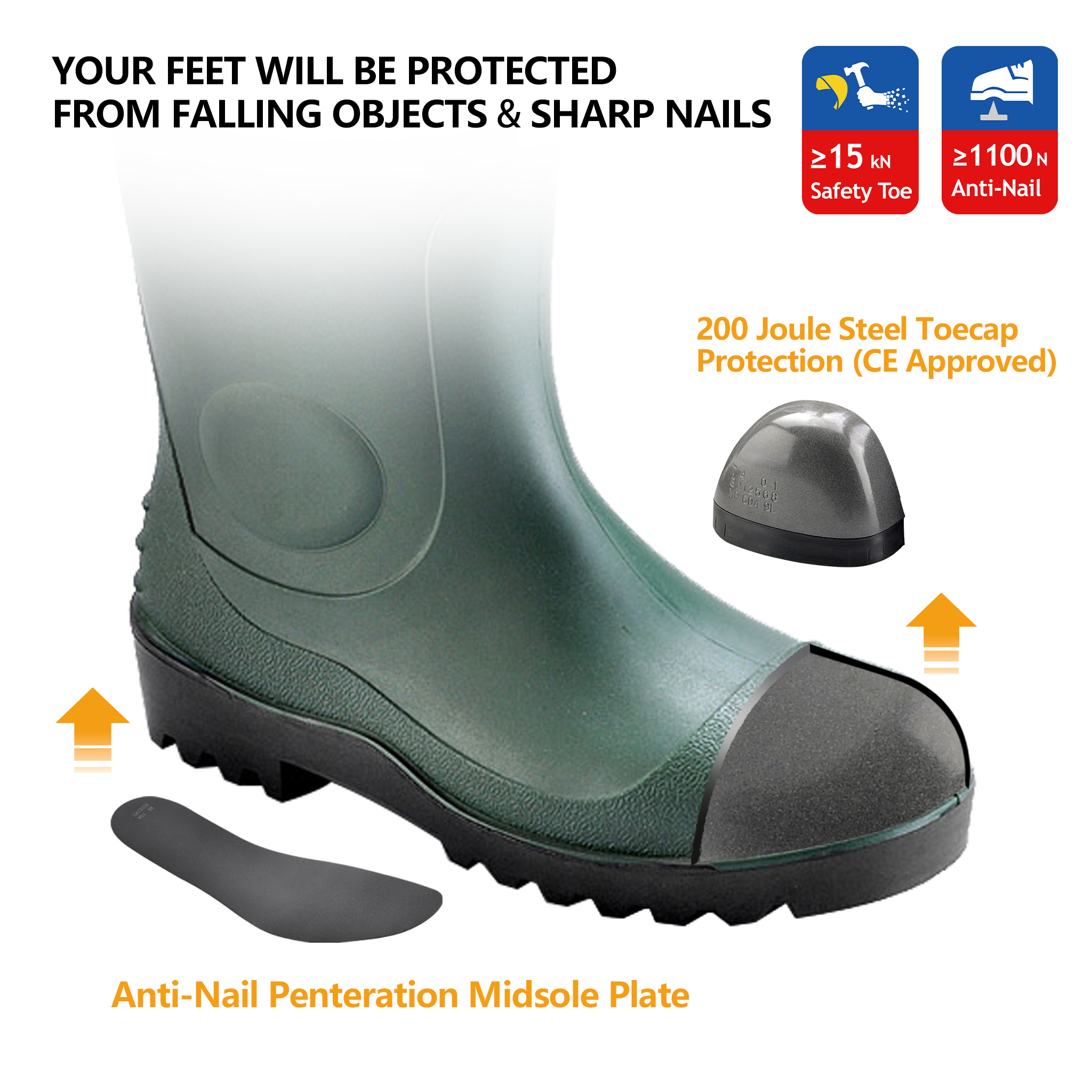 Gumboots de segurança S5 – Botas de PVC com biqueira de aço impermeável W-6037 Verde