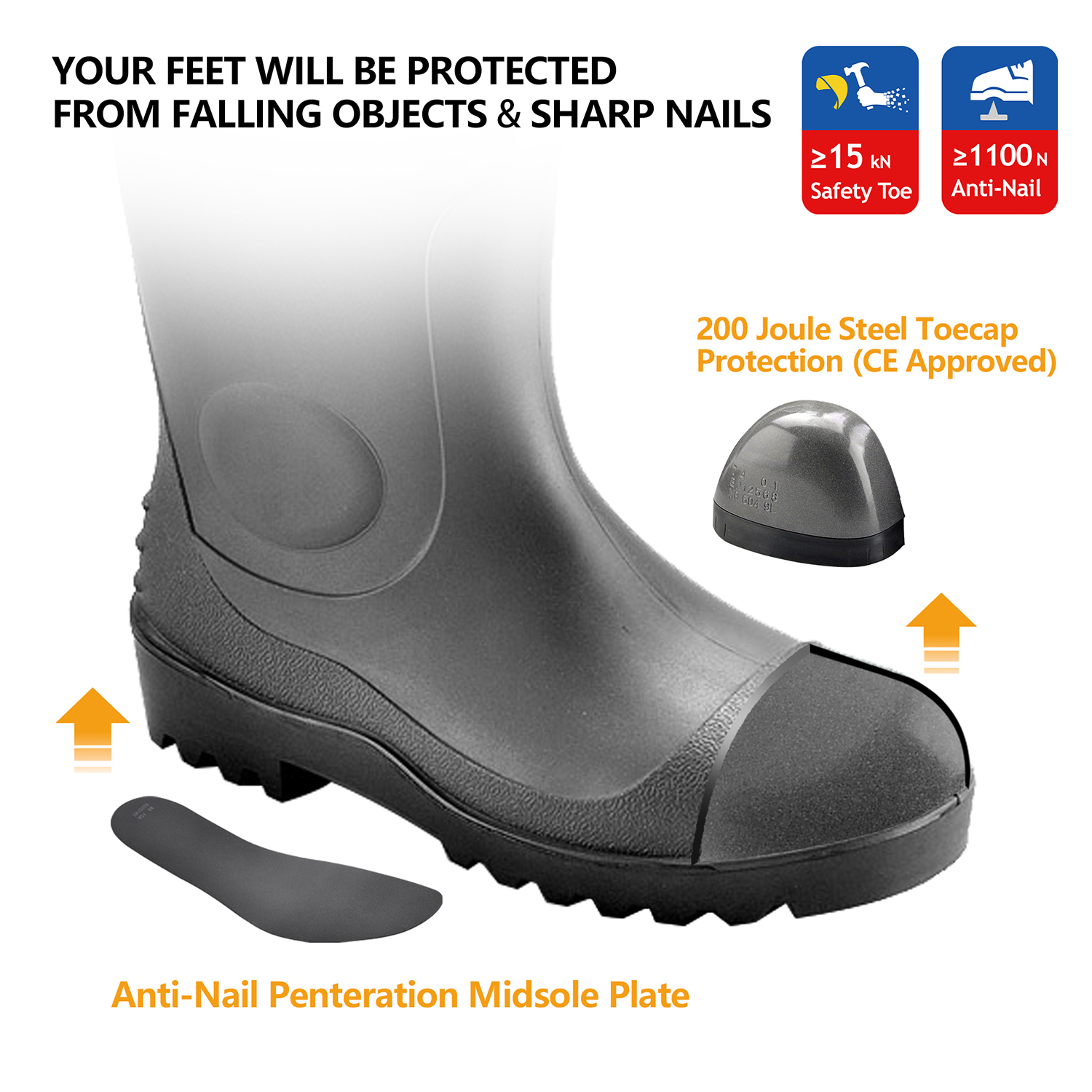 Botas de segurança em PVC S5 – Botas de chuva com biqueira de aço impermeável W-6037 pretas