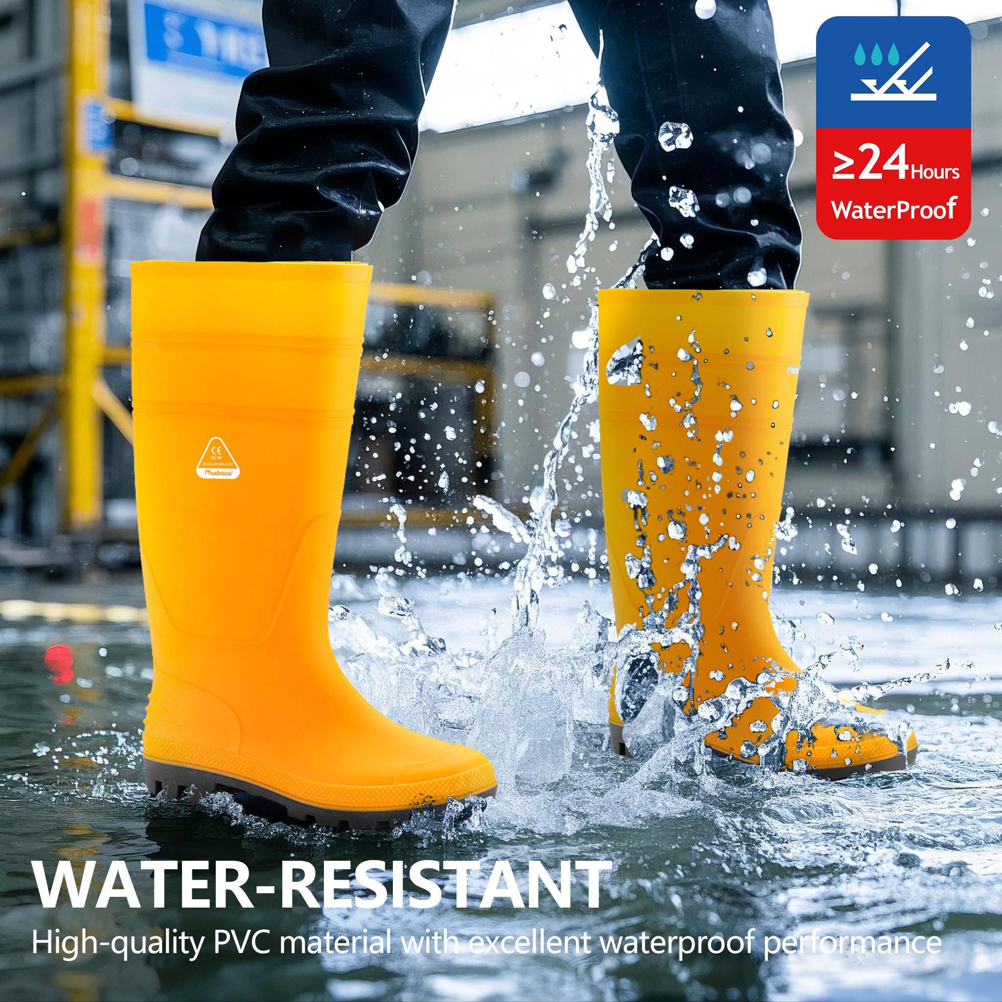 Botas Wellington Ocupacionais - Botas de chuva de trabalho em PVC à prova d'água para uso externo e de limpeza Amarelo