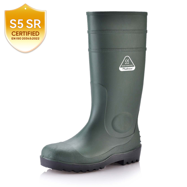 Gumboots de segurança S5 – Botas de PVC com biqueira de aço impermeável W-6037 Verde