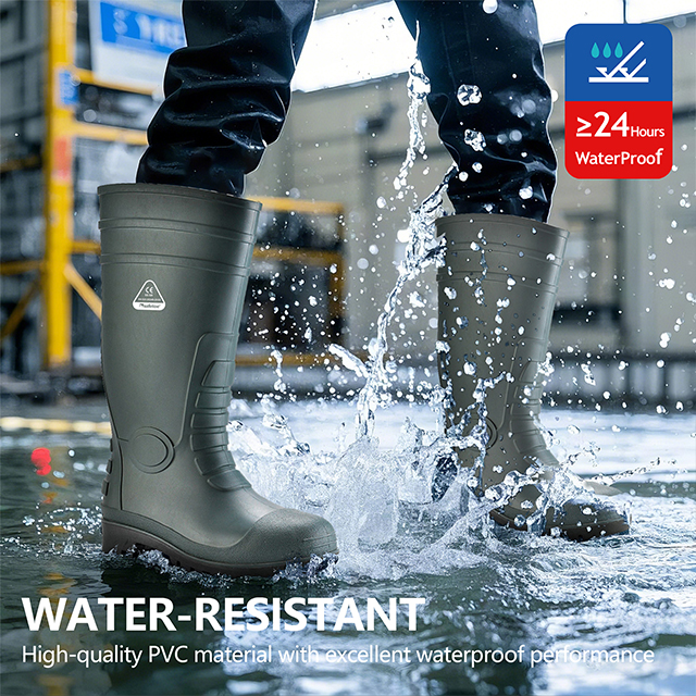 Botas de segurança S5 Wellington – Botas de trabalho impermeáveis ​​com biqueira de aço em PVC W-6038 Verde