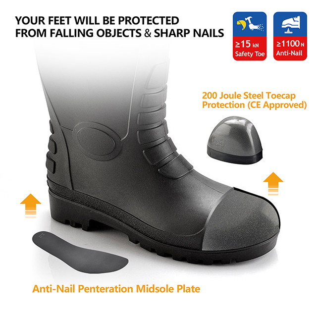 Botas de segurança S5 Wellington – Botas de trabalho impermeáveis ​​com biqueira de aço em PVC W-6038 pretas