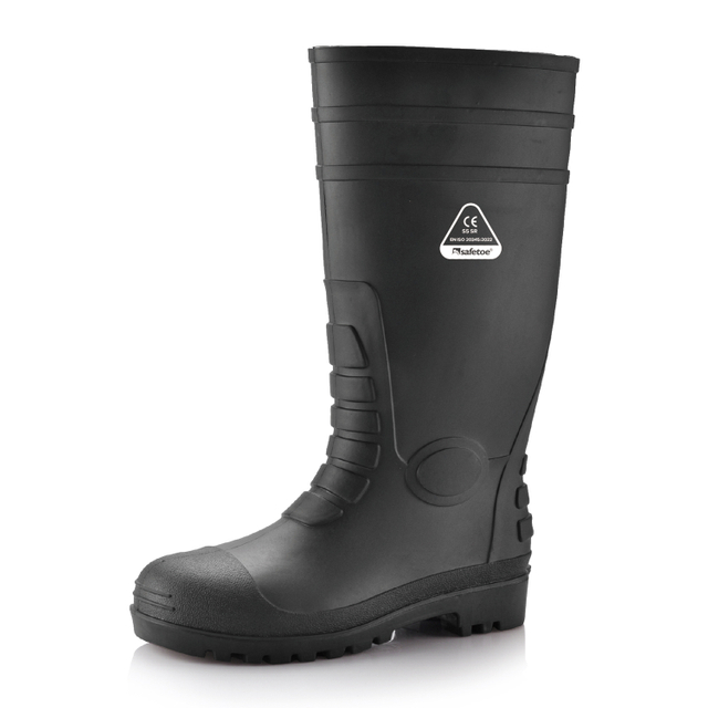 Botas de segurança S5 Wellington – Botas de trabalho impermeáveis ​​com biqueira de aço em PVC W-6038 pretas