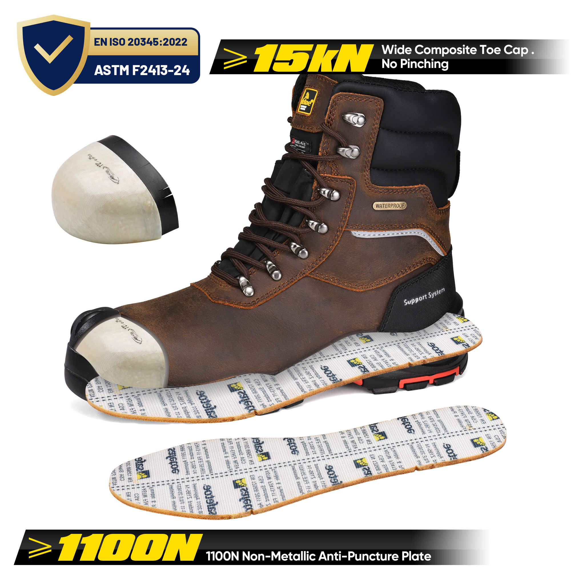 Botas de segurança de inverno em couro marrom com certificação CSA | Botas de trabalho com biqueira composta isolada à prova d'água H-9552