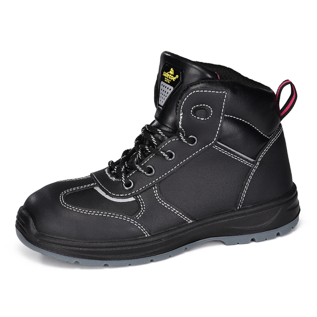 Botas de trabalho de segurança pretas de couro impermeável para construção feminina | M-8516W GraceShield