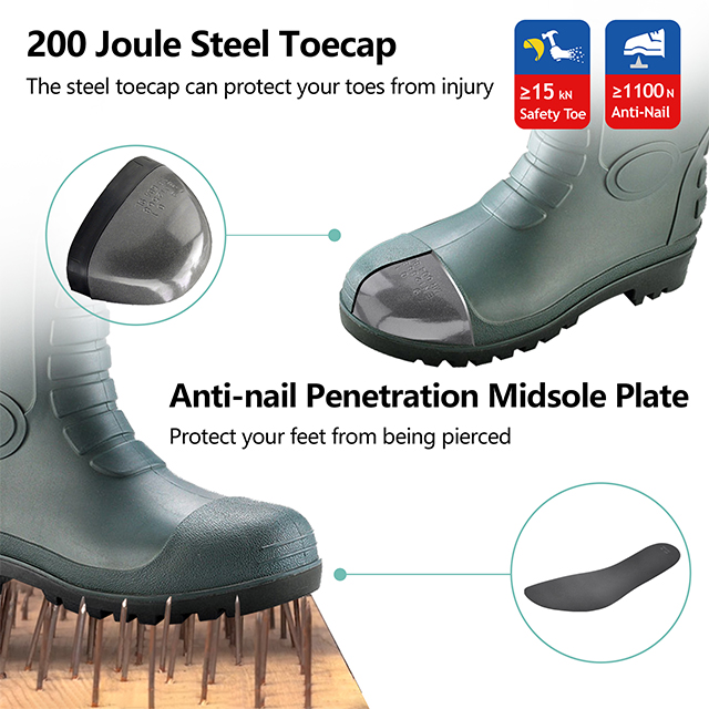 Botas de segurança S5 Wellington – Botas de trabalho impermeáveis ​​com biqueira de aço em PVC W-6038 Verde