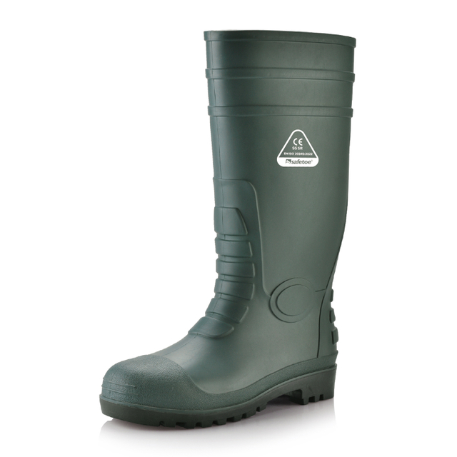 Botas de segurança S5 Wellington – Botas de trabalho impermeáveis ​​com biqueira de aço em PVC W-6038 Verde