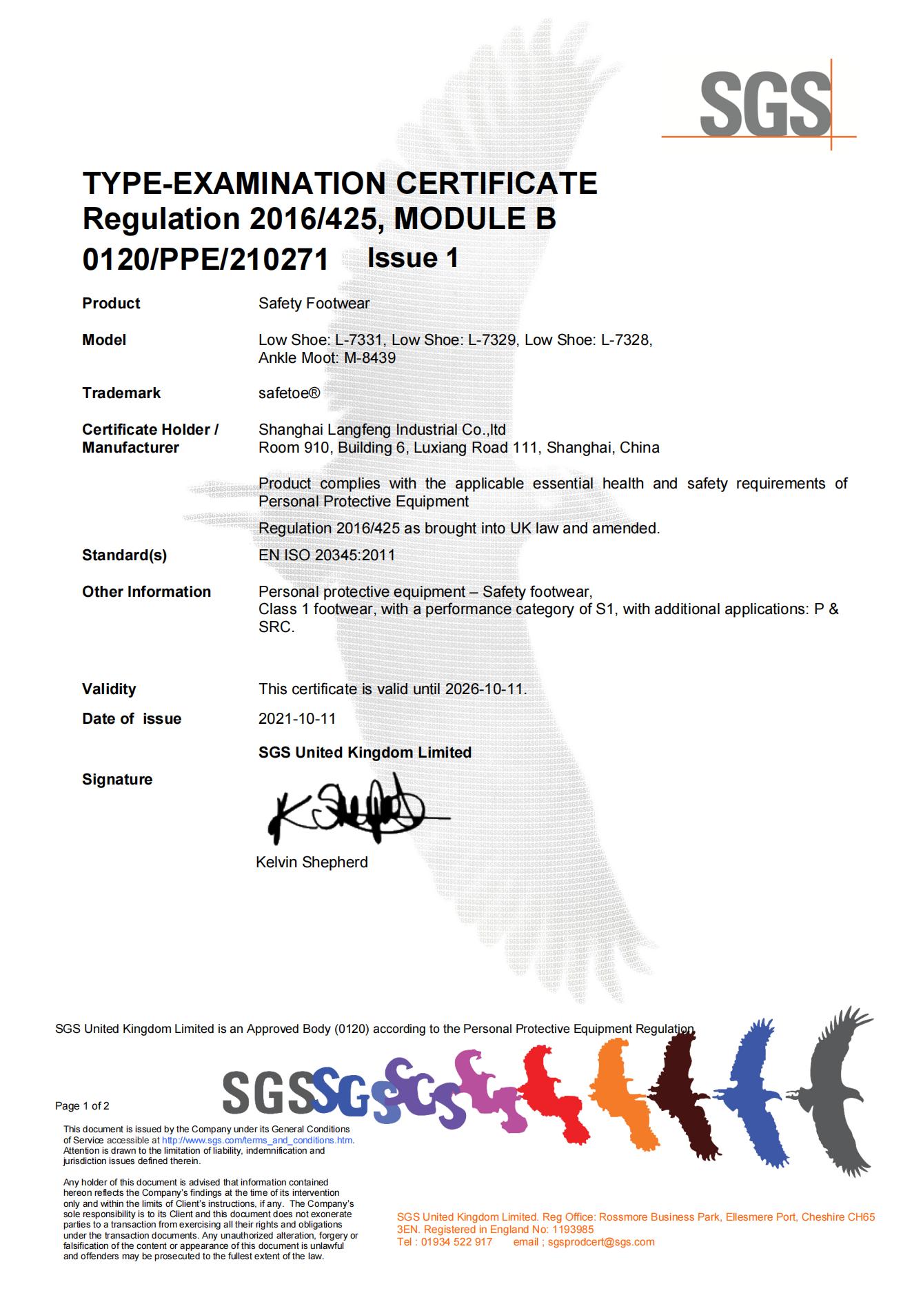 Certificado Safetoe L-7331 UKCA para sapatos de seguran&ccedil;a