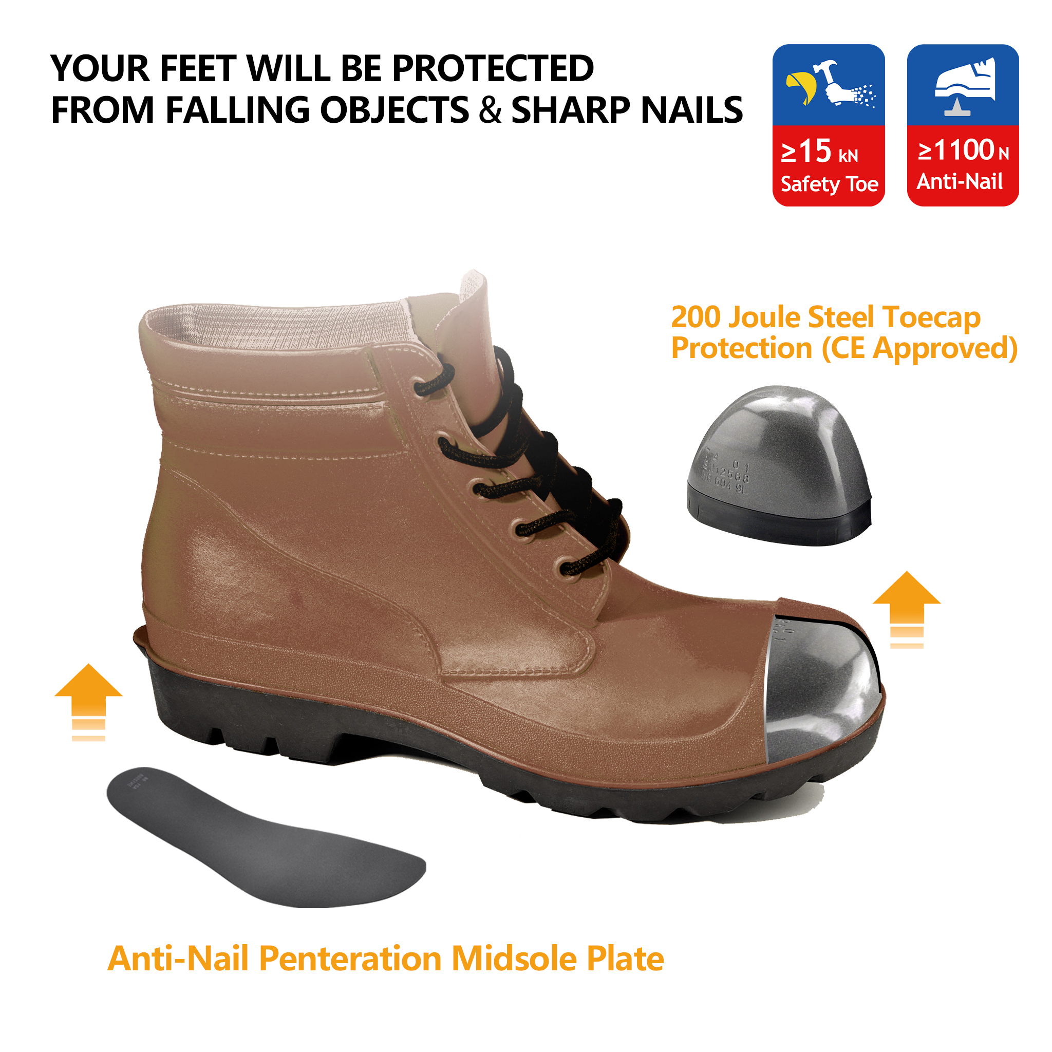 Botas de chuva baixas masculinas W-6050 Brown SteelGuarder
