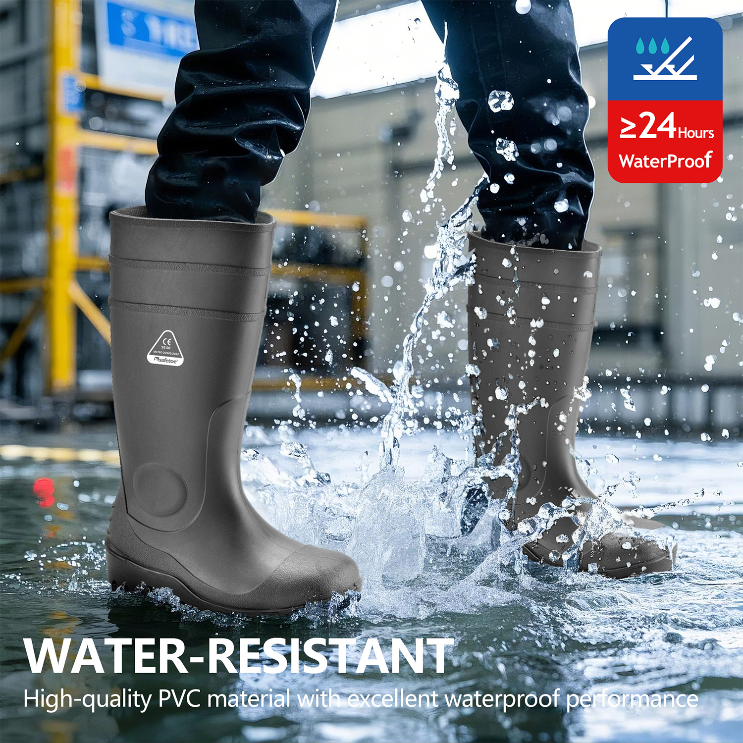 Botas de segurança em PVC S5 – Botas de chuva com biqueira de aço impermeável W-6037 pretas