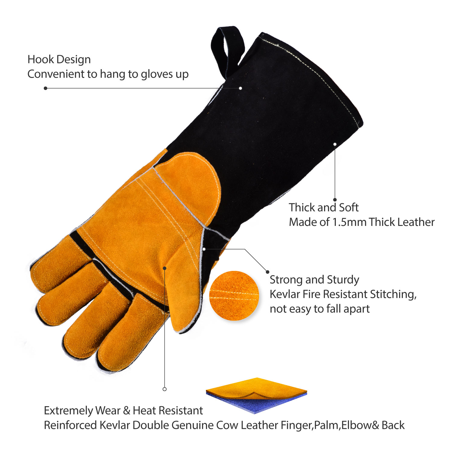 Luvas de trabalho de soldagem resistentes ao calor FL-1023 pretas