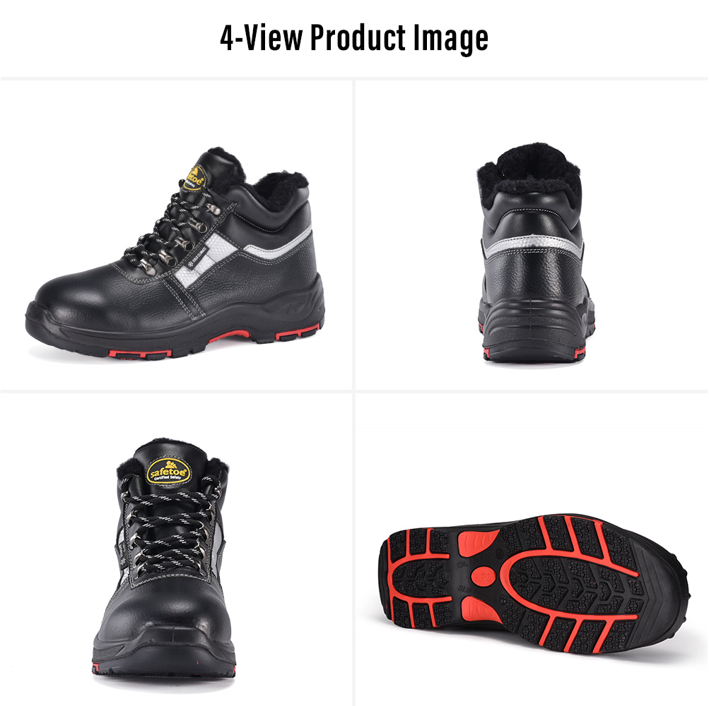 Imagem em quatro visualiza&ccedil;&otilde;es das botas de seguran&ccedil;a de inverno isoladas Safetoe M-8027 mostrando vistas laterais, traseiras, frontais e da sola antiderrapante 