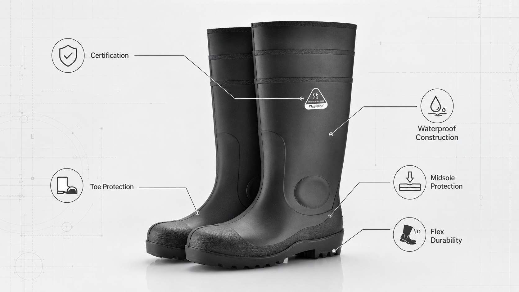 Certifica&ccedil;&atilde;o de padr&otilde;es de botas Safety Wellington e tecnologias de prote&ccedil;&atilde;o