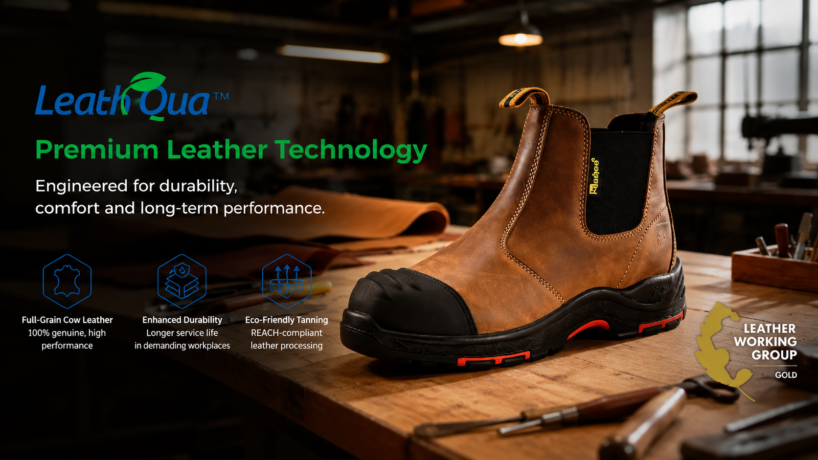 Bota de seguran&ccedil;a Chelsea em couro marrom com tecnologia de couro premium LeathQua em uma oficina de cal&ccedil;ados