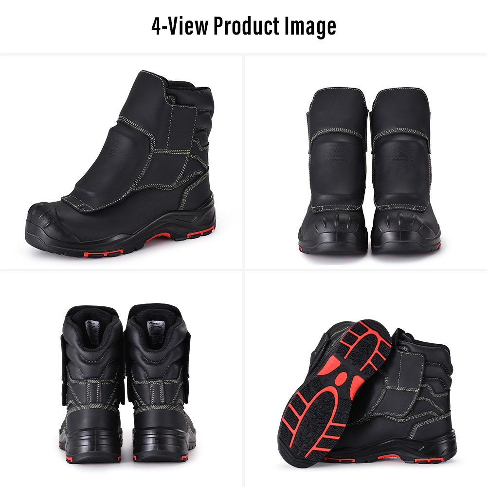 Imagens em quatro visualiza&ccedil;&otilde;es de botas de seguran&ccedil;a para metatarso pretas H-9552FD para fundi&ccedil;&atilde;o e trabalho em metal fundido 