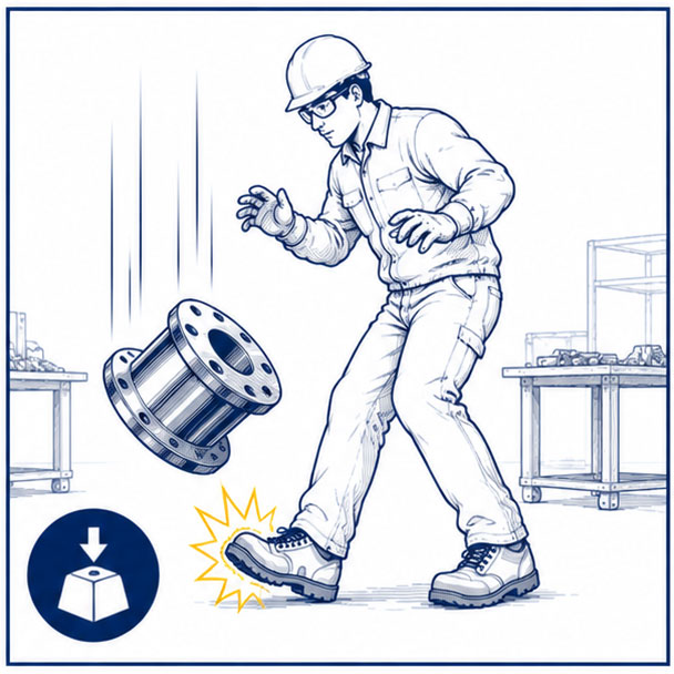 Componente de metal pesado caindo em dire&ccedil;&atilde;o ao p&eacute; de um trabalhador, ilustrando os riscos de impacto e a necessidade de biqueiras protetoras em locais de trabalho metal&uacute;rgicos