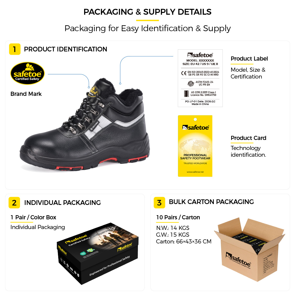 Safetoe M-8027 detalhes da embalagem das botas de seguran&ccedil;a de inverno mostrando etiqueta do produto, caixa de sapato individual e fornecimento de caixa a granel