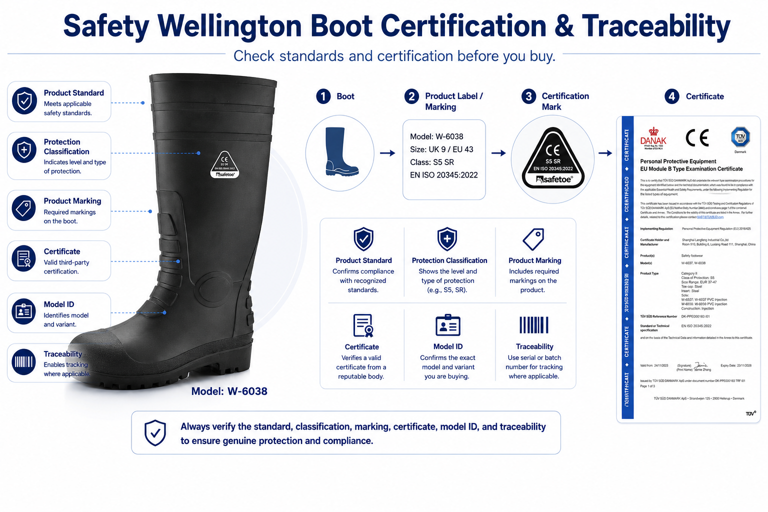Etiqueta de marca&ccedil;&atilde;o de certifica&ccedil;&atilde;o de bota Safety Wellington e identifica&ccedil;&atilde;o do produto