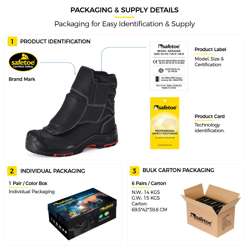 Botas de seguran&ccedil;a para fundi&ccedil;&atilde;o de metatarso H-9552FD com identifica&ccedil;&atilde;o do produto, caixa individual e embalagem de papel&atilde;o a granel