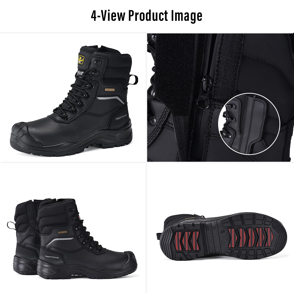 Imagem em quatro visualiza&ccedil;&otilde;es das botas de seguran&ccedil;a de inverno Safetoe H-9552 IceGrip mostrando vista lateral, z&iacute;per lateral &agrave; prova d'&aacute;gua, perfil traseiro e sola com ader&ecirc;ncia para gelo 