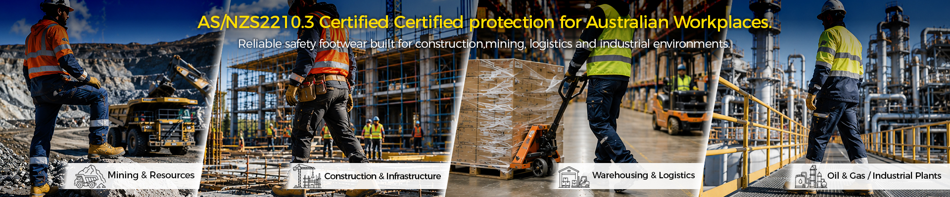 Calçado de segurança com certificação AS/NZS para locais de trabalho na Austrália e Nova Zelândia, incluindo construção, mineração, logística e ambientes industriais