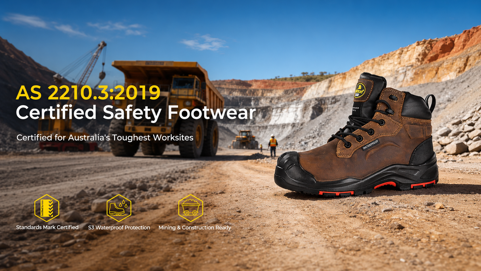 Bota de seguran&ccedil;a marrom imperme&aacute;vel com certifica&ccedil;&atilde;o AS 2210.3:2019 exibida em uma mina a c&eacute;u aberto australiana