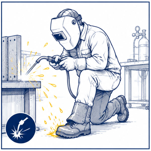 Soldador trabalhando perto de fa&iacute;scas e respingos de metal quente, ilustrando os riscos para os p&eacute;s em locais de trabalho de soldagem e a necessidade de botas de seguran&ccedil;a protetoras para soldagem.