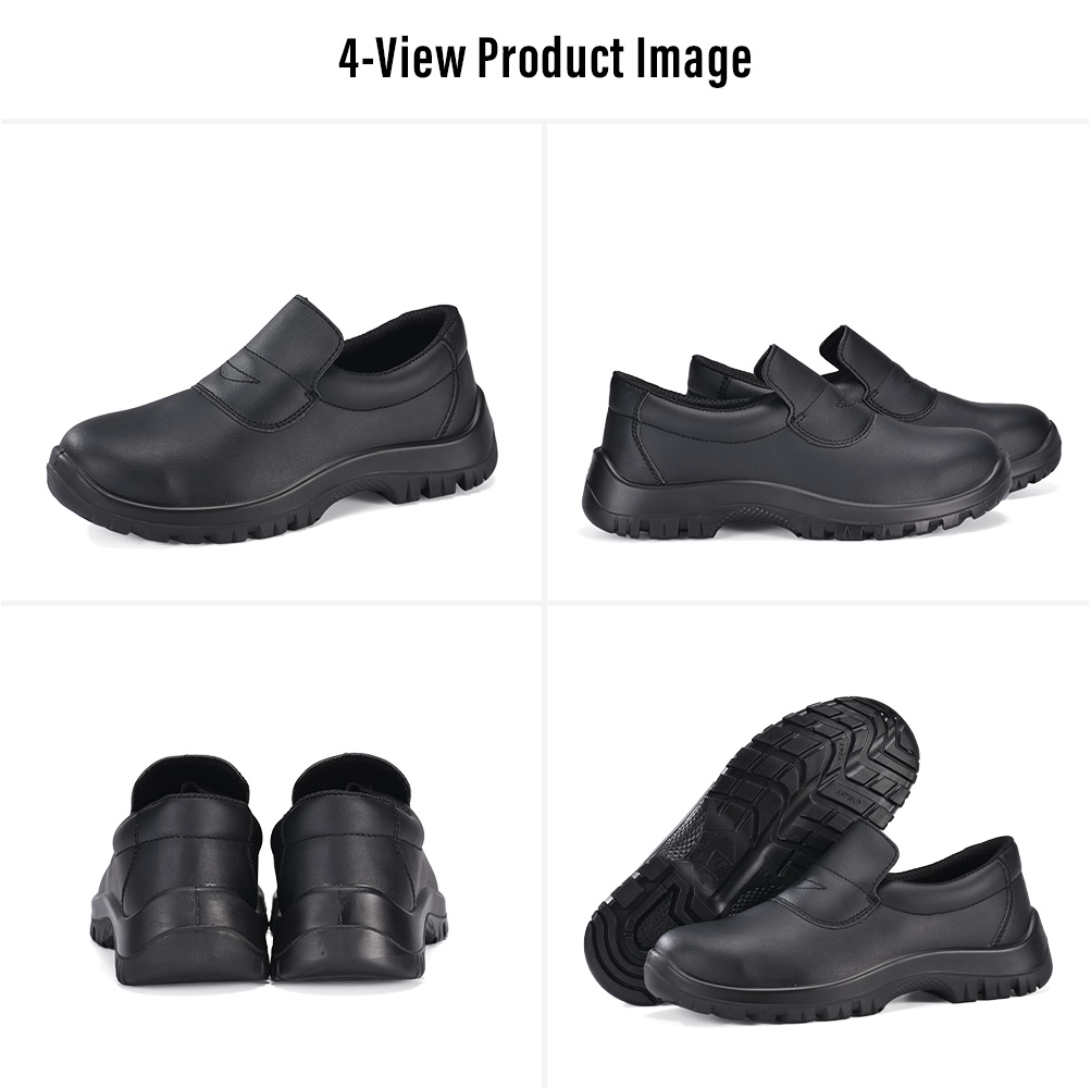Quatro visualiza&ccedil;&otilde;es de sapatos de seguran&ccedil;a pretos para ind&uacute;stria aliment&iacute;cia Safetoe L-7019 com biqueira de a&ccedil;o e sola de PU antiderrapante 