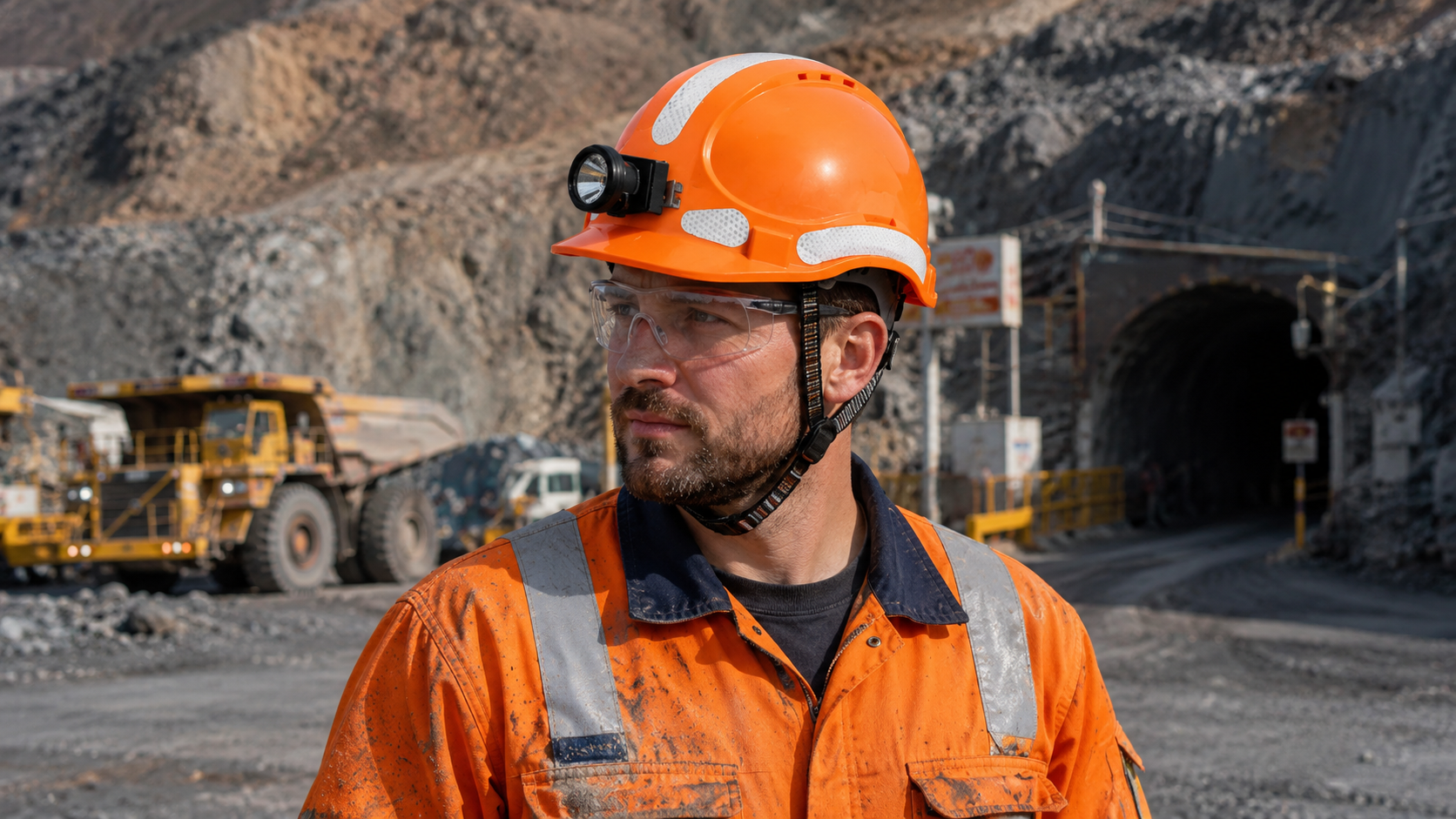 Trabalhador de minera&ccedil;&atilde;o usando um capacete de seguran&ccedil;a laranja com farol e tiras reflexivas em uma mina a c&eacute;u aberto