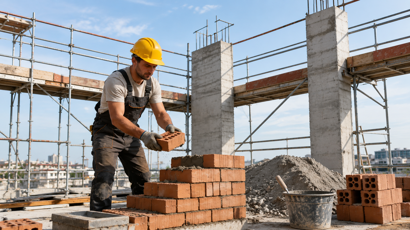 Trabalhador da constru&ccedil;&atilde;o civil usando um capacete de seguran&ccedil;a amarelo enquanto coloca tijolos em um canteiro de obras