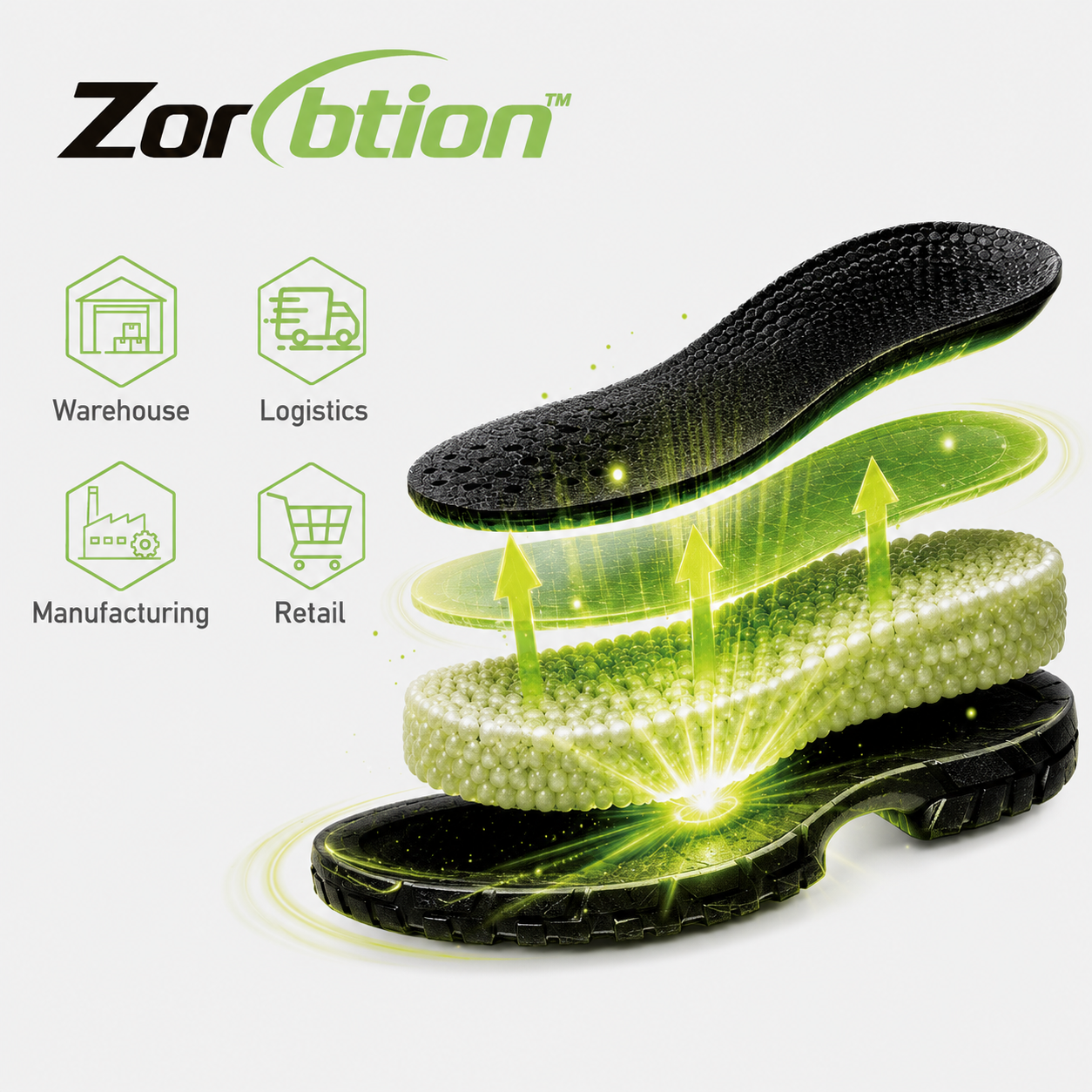 Sistema de absor&ccedil;&atilde;o de choque Zorption para cal&ccedil;ado de seguran&ccedil;a confort&aacute;vel em log&iacute;stica e armazenamento