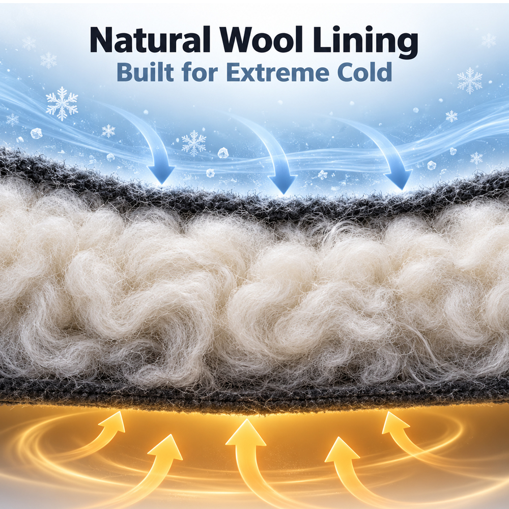 Bota de seguran&ccedil;a de inverno com forro de l&atilde; natural e isolamento t&eacute;rmico para ambientes de trabalho com frio extremo